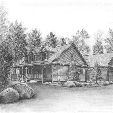 Hand Drawn Pencil Sketch Ranch House Portrait with Landscaping in black and white,by myDaVinci - myDaVinci